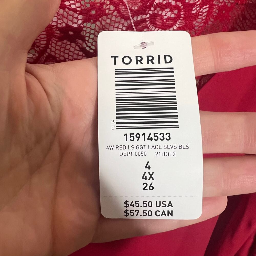 TORRID PLUS 4X 26 Georgette V Neck Lace Sleeve Blouse Top Jester Red NWT Flawed - Picture 10 of 15